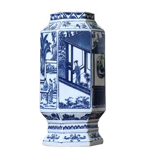 景德镇中式青花瓷陶瓷花瓶古典装饰摆件民族风花器仕女人物六方瓶