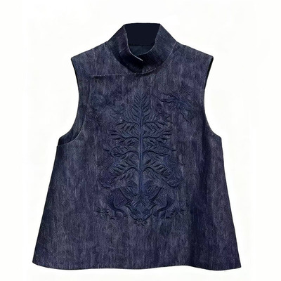 新中式牛仔斜襟立领刺绣女士马甲