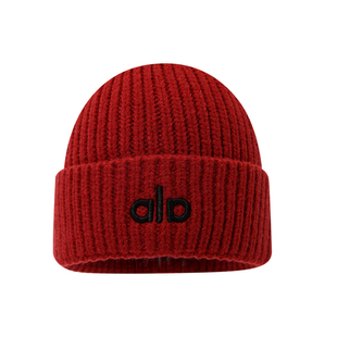 2025新款alo红色针织帽子女秋冬季刺绣时尚保暖情侣字母毛线冷帽