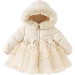 戴维贝拉儿童中长款裙式羽绒服2026冬装女童连帽三防可拆毛领外套