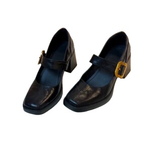 牛皮版~复古方头玛丽珍鞋女2025新款粗跟一字扣带百搭不累脚单鞋