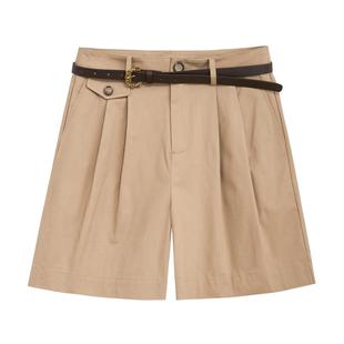 紫涵卡其色工装五分裤女夏季新款简约时尚A字廓形高腰短裤赠腰带