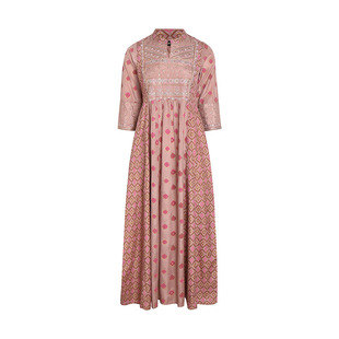 印度进口服饰女装刺绣印花民族风连衣裙轻奢风长裙a字型藕荷色