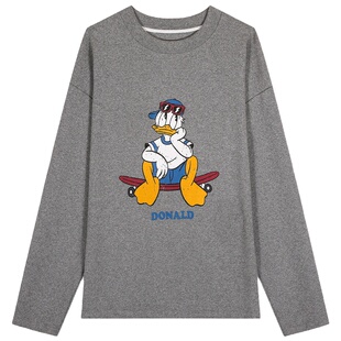 落落狷介 灰色长袖T恤打底衫女秋冬2025年新款印花宽松上衣小个子