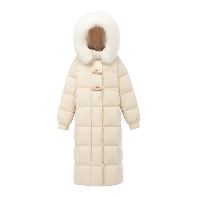 过膝中长款白鸭绒时尚大毛领外套