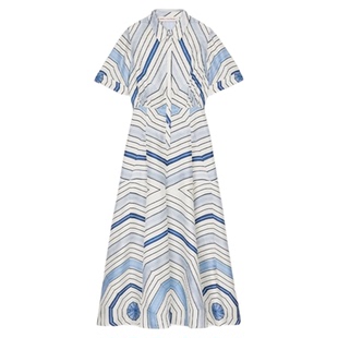 SANDRO2025春夏女装法式时尚桑蚕丝几何印花衬衫领收腰A字连衣裙