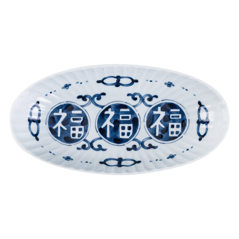 日本进口陶瓷鱼盘家用蓝凛堂椭圆