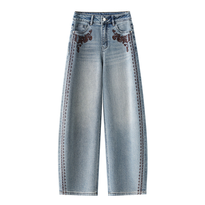 复古侧条纹花朵刺绣弯刀牛仔裤女