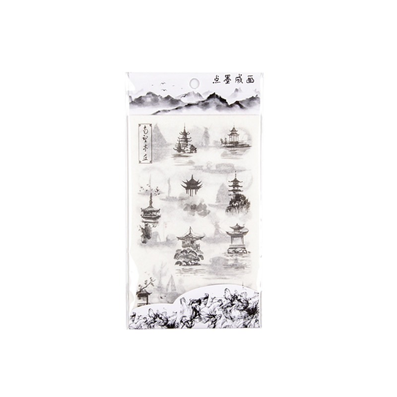 水墨中国风手帐贴纸 点墨成画 古风山水兰花渔舟手账装饰和纸贴画