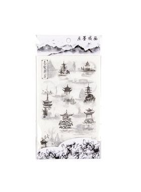 中国风山水兰花渔舟手帐贴纸