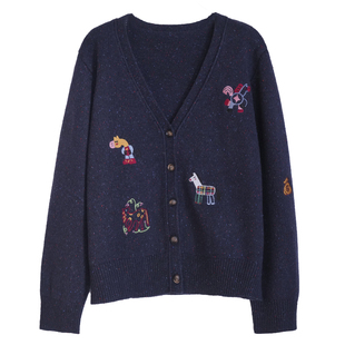 胖mm马年刺绣针织开衫木子理想大码女装冬季简约气质V领毛衣200斤