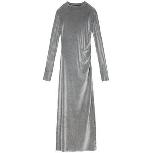 谜底丝绒长裙长袖2025春新品光泽感修身优雅气质连衣裙251ML0151