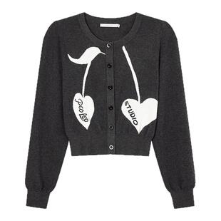 飘蕾圆领樱桃图案针织开衫女26年春装新款深灰色纽扣长袖毛衣外套