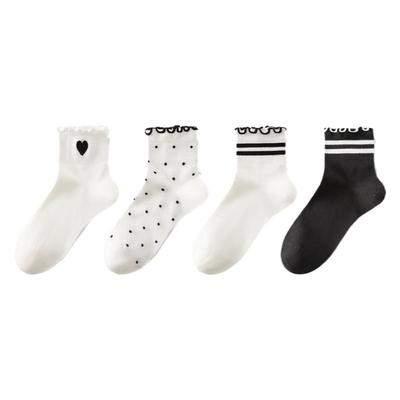 黑白甜美木耳边女款短筒袜