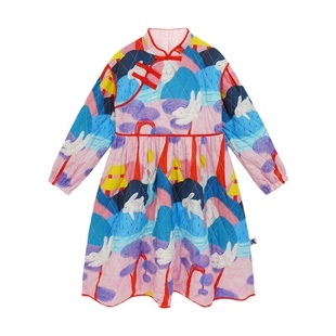 pocoblush原创玉兔游江山图·绗棉连衣裙秋冬女童过膝棉服中长款