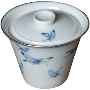 雅韵阁 复古手工青花盖碗白瓷盖碗包银口 功夫茶具二才薄胎泡茶碗