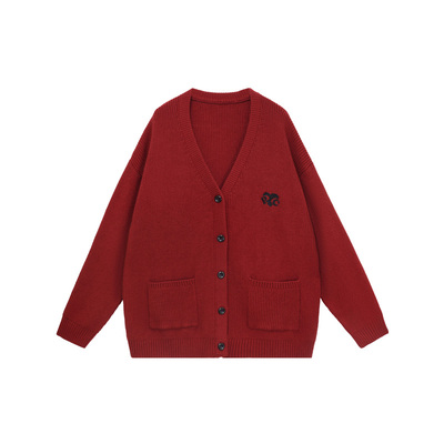 PCMY学院风红色开衫毛衣跨年穿搭