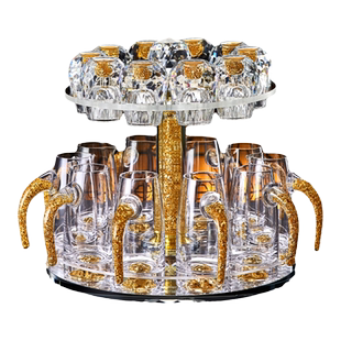 中式金箔水晶白酒杯套装家用玻璃小号一口杯子刻度带把分酒器酒盅