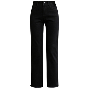 黑色直筒牛仔裤女2025秋冬加绒高腰修身显瘦八分九分小个子法棍裤