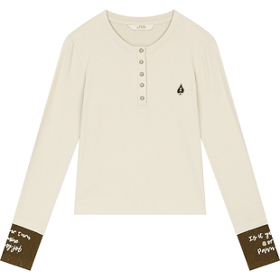 妖精的口袋撞色拼接字母印花长袖t恤女2025年秋冬新款内搭打底衫