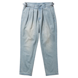 艾比路25春夏复古绅士GURKHA廓尔格宽松双褶绅装洗水蓝九分牛仔裤