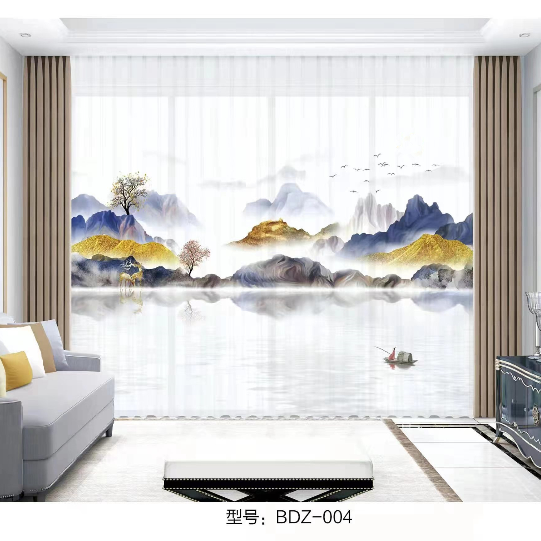 半遮光不透人纱帘数码印花窗纱古典中式中国风山水画3D水墨画窗帘怎么看?