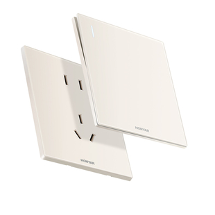 鸿雁超薄哑光肤感开关插座面板家用86型一开五孔16a插座E10奶油白