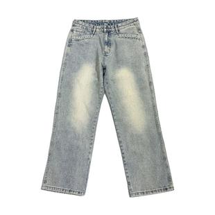 美式复古撞色水洗微喇浅蓝色牛仔裤男春款宽松阔腿青年休闲直筒裤