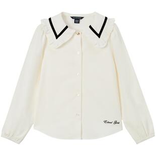 【100%棉】eland kids衣恋童装女童衬衫春秋花边翻领刺绣长袖上衣