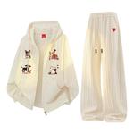 查尔斯桃心肌理感休闲开衫卫衣男女套装秋冬季宽松直筒情侣长裤子