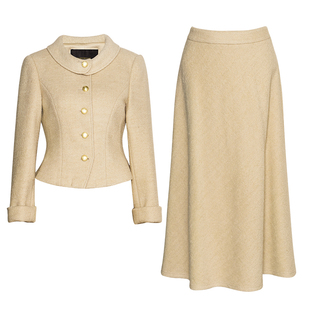 罗衣43%绵羊毛粗花呢套装女冬职业浅黄色上衣半身裙两件套裙13073