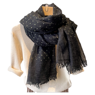 春秋冬季薄围巾女韩版黑色细波点纱巾仿棉麻亚麻丝巾妈妈护颈围脖