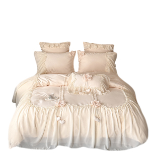 法式少女全棉长绒棉四件套公主风立体花雪纺被套结婚红色纯棉床单