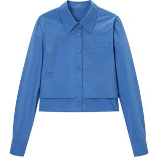 太平鸟 克因蓝长袖衬衫2025年款短款时髦刺绣个性拼接下摆衬衣