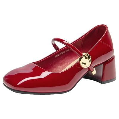 大东官方正品红色粗跟玛丽珍单鞋