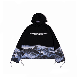 killwinner潮牌雪山印花情侣连帽卫衣男潮牌秋冬款加绒上衣外套
