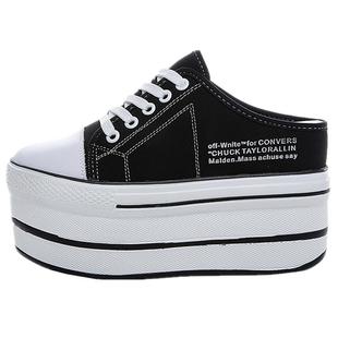 内增高小白鞋女夏季新款厚底11cm松糕帆布鞋一脚蹬高跟半拖鞋百搭