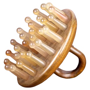 正品牛角头疗经络梳头皮部指环按摩梳养生绿檀木圆盘疏通正品梳子