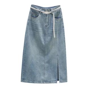 高腰牛仔半身裙女2026夏季新款复古中长款侧开叉包臀A字裙子显瘦