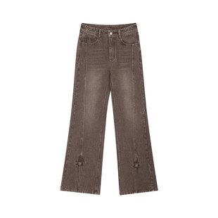 妖精的口袋复古开叉新中式牛仔裤女2025秋冬新款宽松微喇显瘦裤子