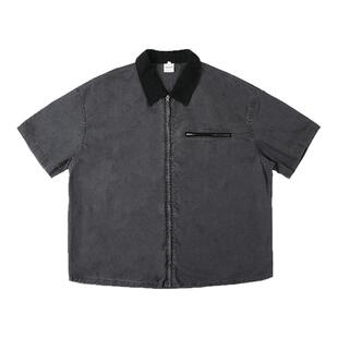 CountryMoment 美式复古撞色领做旧短袖衬衫男女Cleanfit短款衬衣