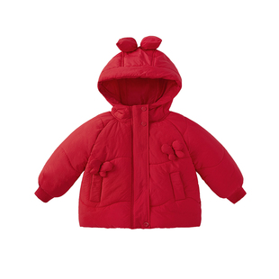 [抗菌锁温]女童棉服3宝宝秋冬红色连帽加绒衣服蝶结5儿童冬季外套