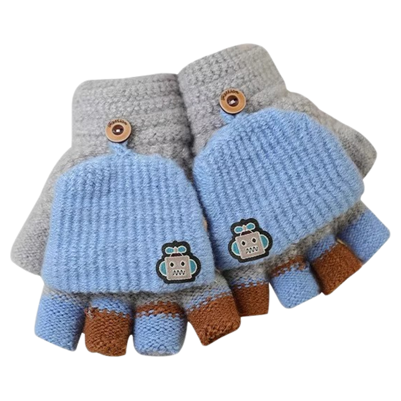 儿童手套翻盖半指秋冬款男女孩可爱保暖针织加厚学生写字防寒指套