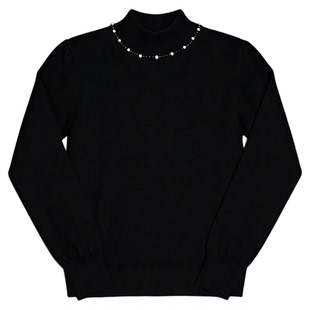 Basic House/百家好黑色钉珠半高领针织衫女冬季高级感毛衣打底衫