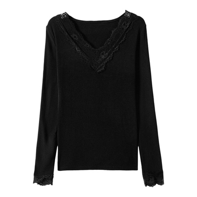 V领修身王者蕾丝花边性感打底衫