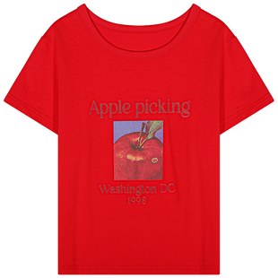 今屿花花 巨好看的早秋上衣短袖红色T恤女2025年新款设计感印花