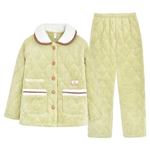 芬腾绿色睡衣女冬季三层夹棉加厚加绒珊瑚绒时尚高端家居服可外穿