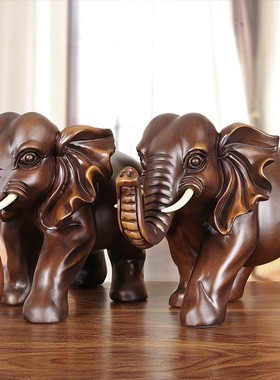 实木雕大象摆件公母象一对木质工艺品客厅电视酒柜装饰品乔迁礼品