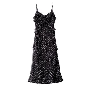 BANANA CICI2025年秋季新款浪漫气质荷叶边雪纺碎花吊带连衣裙