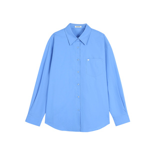 pusumede 极简利落 经典蓝色长袖衬衫女高级感纯棉衬衣叠穿上衣